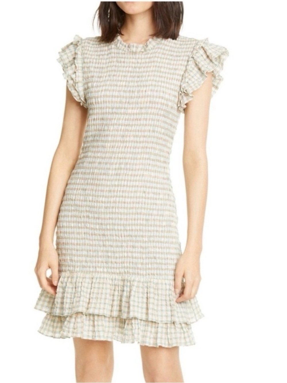 Veronica Beard cici ruffle smocked mini dress green beige size 2